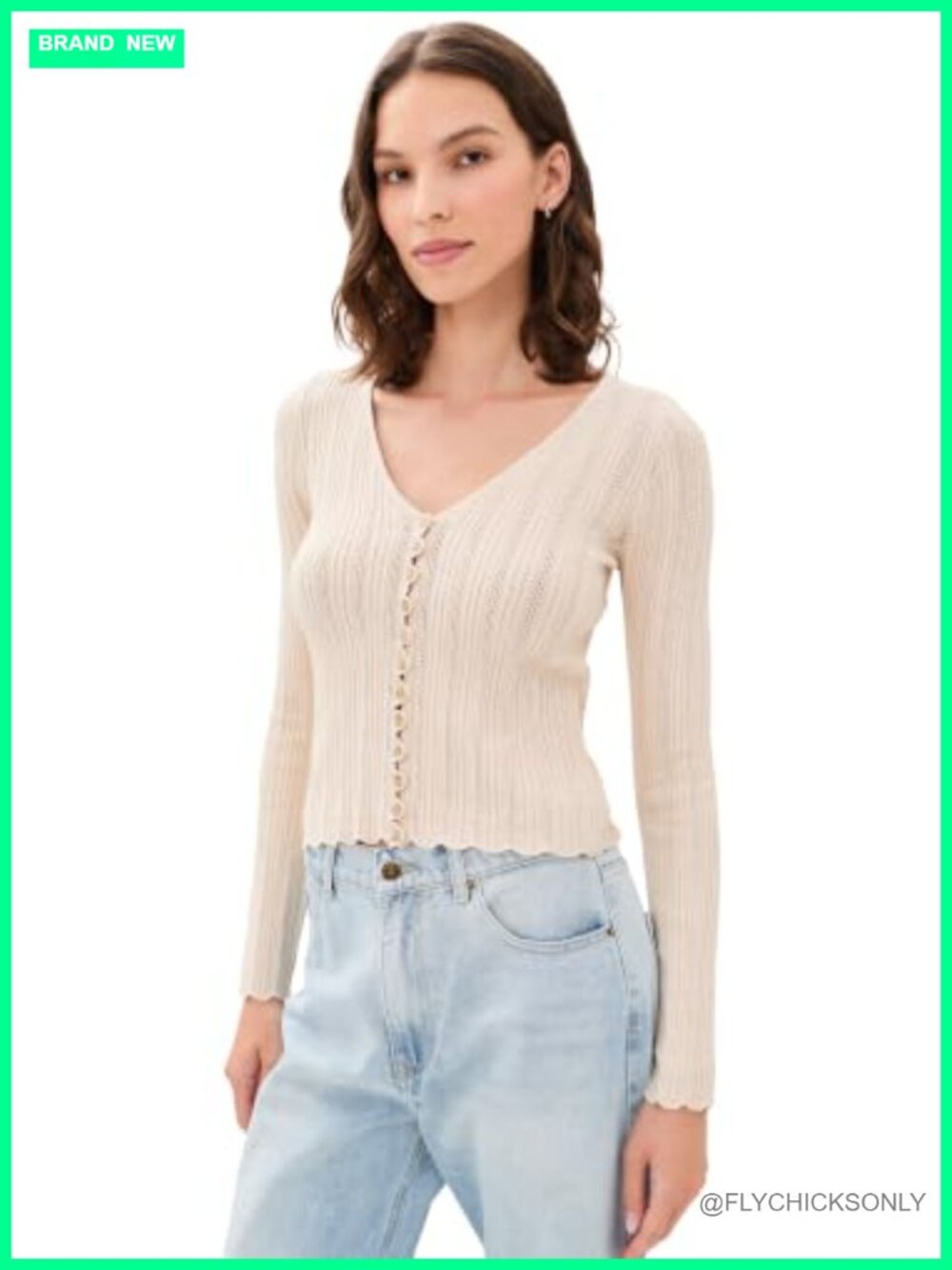 Pointelle Knit Pullover Sweater Top Long Sleeve V-Neck Loose Fit